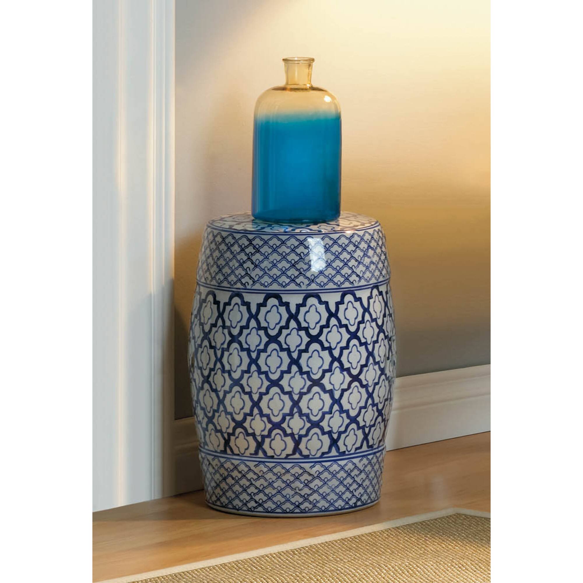 16.25" Blue & White Ceramic Decorative Stool